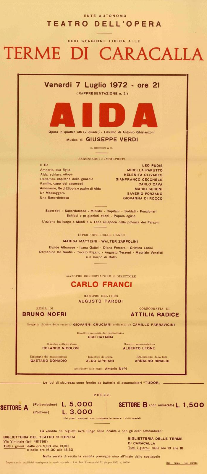 plagát z opery Aida v Teatro dell'opera Rím 1972