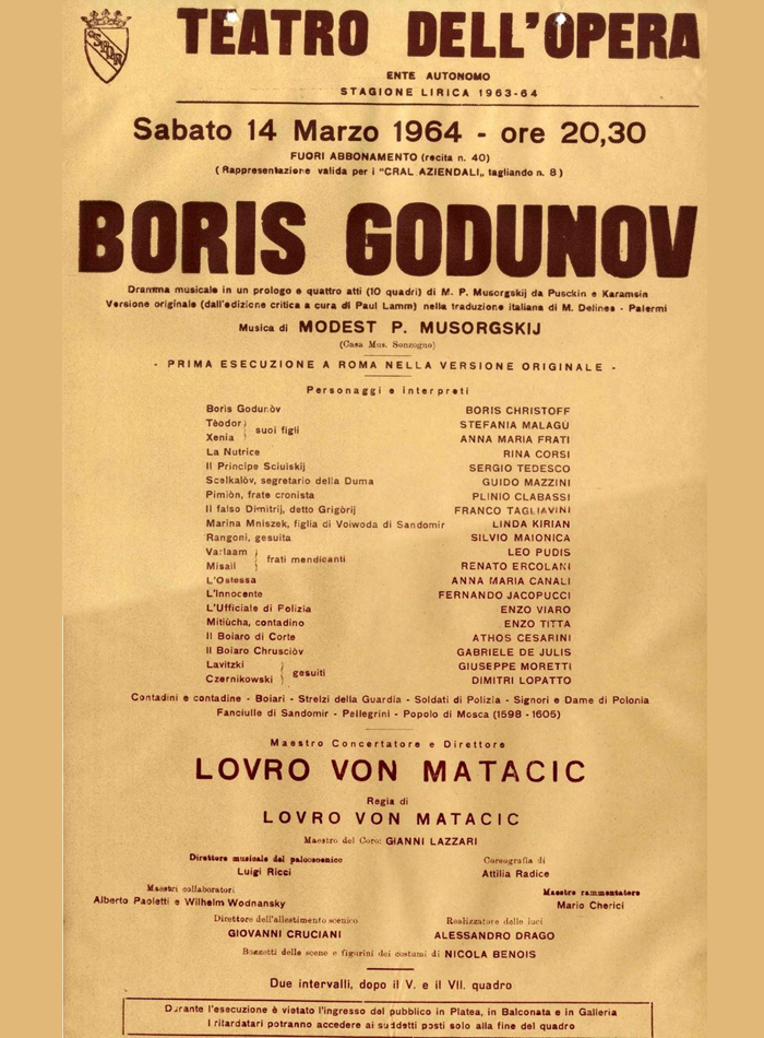 Plagát z opery Boris Godunov v Teatro dell' opera Rím 1964