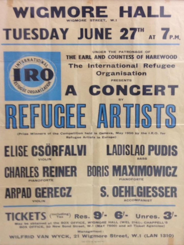 Plagát z koncertu Refugee Artists vo Wigmore Hall Londýn 1950